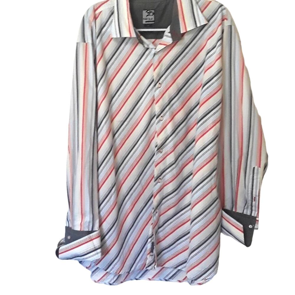 Mens Sz 3X Stripe Button Up Gray Contrast Cuffs Raw Blue Shirt
